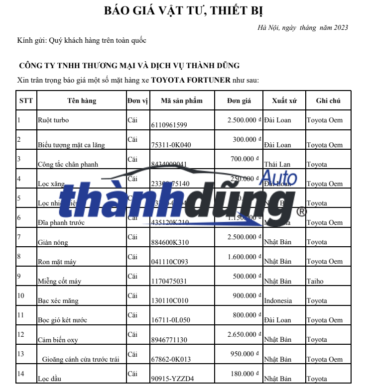 PHỤ TÙNG XE TOYOTA FORTUNER