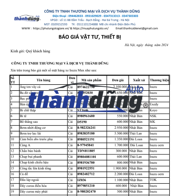 PHỤ TÙNG XE ISUZU MUX
